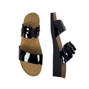Naot Ashley Sandals Slide Black Patent Leather Cork Wedge